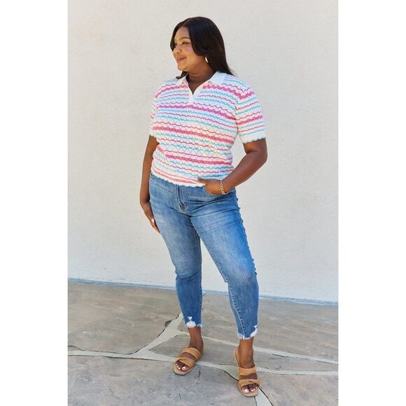 Petal Dew 143 Full Size Quarter Button Sheer Top In White Multi - Picture 4 of 10